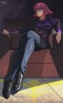  1girl absurdres black_pants black_shoes breasts chair chiefeifer commentary_request dated gundam gundam_zz haman_karn highres logo medium_breasts neo_zeon pants pink_hair purple_eyes purple_shirt shirt shoes short_hair sign sitting solo zeta_gundam 