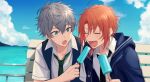  2boys bench blue_eyes blue_hoodie blue_sky blush closed_eyes cloud collared_shirt eating ensemble_stars! fang food green_necktie grey_hair highres holding holding_food holding_ice_cream hood hooded_jacket hoodie ice_cream jacket mimimi_(echonolog) multiple_boys necktie on_bench open_mouth orange_hair outdoors ponytail popped_collar popsicle sena_izumi_(ensemble_stars!) shirt short_hair side_ponytail sky smile sweatdrop tsukinaga_leo vest white_shirt yaoi 