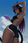  1girl alternate_costume animal_ears arm_up armpits artist_name ass bare_arms bikini black_bow black_choker black_nails black_shorts bleach blonde_hair blue_sky bow breasts cat_ears cat_girl cat_tail choker cloud commentary dark-skinned_female dark_skin dolphin_shorts drink english_commentary from_below from_side highres holding holding_drink large_breasts long_hair looking_at_viewer nail_polish parted_bangs presenting_own_armpit prixmal purple_hair shihouin_yoruichi short_shorts shorts sky solo swimsuit tail tail_through_clothes teeth thighs upper_teeth_only very_long_hair yellow_eyes 