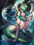  areolae breasts capricorn green_eyes green_hair high_res horns lips mermaid monster_girl nipples pointy_ears sakimichan single_braid wet 