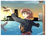  aircraft airplane asakawa_(outeq) bad_anatomy blouse blush breasts brown_eyes brown_hair chiyoda_(kantai_collection) cloud commentary from_side harbor headband japanese_clothes kantai_collection large_breasts long_sleeves ocean open_mouth outdoors profile remodel_(kantai_collection) short_hair silhouette sky solo sunset toy_airplane twitter_username water white_blouse 