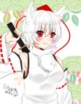  1girl animal_ear_fluff animal_ears blush breasts closed_mouth commentary_request detached_sleeves grey_hair hat holding holding_sword holding_weapon ichinose_aki inubashiri_momiji medium_breasts red_eyes red_hat ribbon-trimmed_sleeves ribbon_trim seigaiha sheath sheathed short_hair signature solo sword sword_on_back tokin_hat touhou upper_body weapon weapon_on_back wolf_ears wolf_girl 