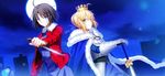 artoria_pendragon_(all) black_hair blonde_hair blue_cape breastplate cape crown excalibur fate/grand_order fate/stay_night fate_(series) full_moon fuyuki_(neigedhiver) gauntlets green_eyes highres holding holding_knife holding_sword holding_weapon japanese_clothes kara_no_kyoukai kimono knife looking_at_viewer moon multiple_girls royal_robe ryougi_shiki saber short_hair sword weapon 