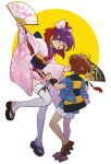  1boy 1girl back_bow blue_bow blue_kimono blue_sash bow brown_hair chanchanko_(clothes) choker closed_mouth commentary fang floral_print floral_print_kimono folding_fan full_body gegege_no_kitarou geta gradient_clothes gradient_kimono hair_bow hair_bun hand_fan hands_up highres holding holding_fan japanese_clothes kimono kitarou looking_at_another nejiri_hachimaki nekomusume nekomusume_(gegege_no_kitarou_6) obi obiage obijime okobo open_mouth pink_bow pink_kimono platform_sandals pointy_ears print_bow print_fan print_kimono purple_hair purple_sash red_bow red_choker sandals sash short_hair short_kimono shorts silanduqiaocui smile standing standing_on_one_leg stirrup_legwear tassel thighhighs toeless_legwear untranslatable_commentary white_background white_shorts white_thighhighs wide_sleeves wristband yellow_eyes 