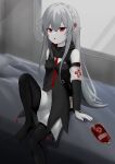  1girl absurdres arknights armband bare_shoulders black_pantyhose blood blood_bag commentary_request dogari grey_hair highres long_hair looking_at_viewer pale_skin pantyhose pointy_ears red_eyes solo thighs vampire warfarin_(arknights) white_armband 