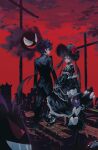  1boy 1girl alternate_costume black_dress black_hair choker commentary_request dress formal_clothes gastly gengar goth_fashion gothic_lolita gothorita highres hugh_(pokemon) kkodle2 lolita_fashion poke_ball poke_ball_(basic) pokemon pokemon_(creature) pokemon_black_2_and_white_2 red_sky rosa_(pokemon) sky suit 