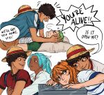  +++ ... 2boys 2girls bandaged_torso black_hair blue_hair blue_shirt clenched_teeth colereeyn dark-skinned_female dark_skin english_commentary english_text green_hair green_shirt hat hat_on_back heads_together high_ponytail highres looking_at_another lying monkey_d._luffy multiple_boys multiple_girls multiple_views nami_(one_piece) nefertari_vivi notice_lines on_back one_piece one_piece_(live_action) orange_hair parted_lips ponytail red_shirt roronoa_zoro safe_(container) scar scar_on_cheek scar_on_face shirt short_sleeves speech_bubble spoken_ellipsis straw_hat teeth upper_body white_shirt 