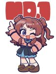  1girl :d ;d arm_up blue_bow blue_bowtie blue_skirt blush bow bowtie brown_hair brown_shoes chibi commentary_request fis_(t83192933) full_body gakuen_idolmaster hair_rings hanami_saki hatsuboshi_gakuen_school_uniform highres idolmaster jacket long_hair long_sleeves looking_at_viewer one_eye_closed open_mouth pink_jacket purple_eyes school_uniform shoes simple_background skirt smile socks solo standing two_side_up v-shaped_eyebrows white_background white_socks 