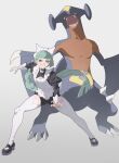  1girl apron black_romper black_sclera blunt_bangs bow bowtie braid braided_ponytail breasts claws colored_sclera commentary_request dragon fangs fins garchomp green_eyes green_hair grin hair_bow highres juliet_sleeves lebanne_(pokemon) long_hair long_sleeves looking_at_viewer maid maid_apron maid_headdress medium_breasts open_mouth pink_lips pokemon pokemon_(creature) pokemon_legends:_z-a puffy_sleeves revision romper sharp_teeth shoes simple_background smile spikes teeth thighhighs thorn_(kmconceptart) tsurime very_long_braid white_bow white_bowtie white_thighhighs yellow_eyes 