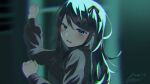 1girl black_dress black_hair black_ribbon blurry blurry_background blush breasts chenyurui24 chromatic_aberration commentary dated derivative_work dot_nose dress eyelashes from_side hair_between_eyes hair_ribbon hands_up high_collar highres hoshino_ichika_(project_sekai) long_hair long_sleeves looking_at_viewer medium_breasts parted_lips project_sekai raised_inner_eyebrows ribbon screenshot_redraw sidelocks signature smile solo swept_bangs turning_head untranslatable_commentary upper_body 