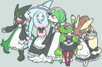  2026 3_fingers 3_toes ambiguous_gender anthro blue_body brown_body brown_ears brown_fur clothing feet fingers flower_(anatomy) fur gardevoir generation_3_pokemon generation_4_pokemon generation_7_pokemon generation_8_pokemon generation_9_pokemon green_body green_fur group gumoonjoo hatterene hi_res lopunny maid_uniform mask meowscarada nintendo pawpads paws pink_body pink_eyes pokemon pokemon_(species) purple_body purple_eyes red_eyes toes tsareena uniform white_body 