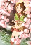  blush brown_eyes brown_hair dani-ikapi flower hair_bun idolmaster idolmaster_cinderella_girls long_hair looking_up open_mouth shoes_removed sitting skirt smile solo takamori_aiko tree wading water wet wet_clothes wringing_clothes 