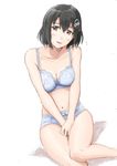  bare_shoulders black_hair blush bra breasts brown_eyes cleavage haguro_(kantai_collection) hair_ornament hairclip highres kantai_collection medium_breasts navel open_mouth panties short_hair sitting smile solo underwear underwear_only vent_arbre white_bra white_panties 