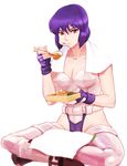  1girl breasts female food ghost_in_the_shell ghost_in_the_shell_stand_alone_complex kusanagi_motoko lafolie leotard looking_at_viewer purple_hair sitting solo 