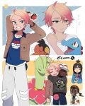 2boys 2girls ahoge black_hair blonde_hair blue_hoodie blue_shirt brown_jacket chibi commentary_request dark-skinned_male dark_skin floette floette_(eternal) green_necktie harmony_(pokemon) highres holding holding_poke_ball hood hoodie hug jacket lida_(pokemon) long_hair long_sleeves meganium multiple_boys multiple_girls multiple_views naveen_(pokemon) necktie open_clothes open_jacket orange_vest pants poke_ball poke_ball_(basic) pokemon pokemon_(creature) pokemon_legends:_z-a print_shirt puff_of_air shirt short_hair tepig toi_(nisanrei121) topknot totodile trembling urbain_(pokemon) vest white_jacket white_shirt 
