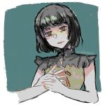  2girls amakura_mayu amakura_mio black_hair black_shirt bob_cut border brown_camisole brown_eyes camisole camisole_over_clothes closed_mouth commentary cropped_torso disembodied_hand fatal_frame fatal_frame_ii:_crimson_butterfly frilled_sleeves frills green_background hand_grab hand_up hands_up highres looking_at_viewer multiple_girls outside_border red_ribbon ribbon shirt short_hair short_sleeves solo_focus susuke_(susuketa1011) twitter_username untranslatable_commentary upper_body white_border 