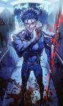  1boy absurdres armor blood blood_on_face blood_on_ground blood_on_hand blue_armor blue_hair blue_pants commentary cu_chulainn_(fate) earrings english_commentary fate/stay_night fate_(series) full_body gae_bolg_(fate) hallway highres holding holding_polearm holding_weapon jewelry long_hair looking_to_the_side male_focus pants polearm red_eyes solo span_(shibanyu63868) teeth weapon 
