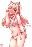 :3 ;3 animal_ears arm_behind_back bare_shoulders bell bell_choker bell_collar black_ribbon blonde_hair blush bra cat_cutout cat_ear_panties cat_ears cat_lingerie cat_tail choker cleavage_cutout collar dated fake_animal_ears fake_tail from_side green_eyes hair_ribbon highres jingle_bell kanon_(kurogane_knights) kantai_collection long_hair looking_at_viewer looking_to_the_side meme_attire navel panties paw_pose ribbon side-tie_panties simple_background solo stomach tail underwear underwear_only white_background white_bra white_panties yuudachi_(kantai_collection) 