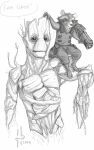  2014 5:8 anthro barefoot carrying_another clothed clothing dated duo english_text feet front_view grin groot guardians_of_the_galaxy hi_res holding_object holding_weapon hufnaar looking_at_viewer male male_anthro marvel monochrome mouth_closed on_shoulder rocket_raccoon simple_background sketch slim_anthro slim_male smile speech_bubble text weapon 