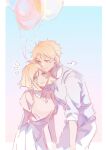 1boy 1girl absurdres artesia_som_deikun balloon blonde_hair blue_eyes blue_shirt blush brother_and_sister casual casval_rem_deikun char_aznable gundam heads_together height_difference high-waist_skirt highres medium_hair mobile_suit_gundam_the_origin pants pink_shirt samidaref_m sayla_mass shirt short_hair siblings skirt smile white_pants white_skirt 