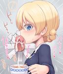  1girl blonde_hair blue_eyes blue_sweater blush braid censored cum cum_in_cup cup darjeeling ejaculation fellatio from_side girls_und_panzer glory_hole hetero highres oral penis pointless_censoring rantana_(lalalalackluster) school_uniform short_hair solo_focus st._gloriana's_school_uniform sweat sweater tea teacup tongue tongue_out 