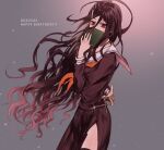  1girl ahoge arm_behind_back book book_to_mouth collared_shirt commentary_request danganronpa_(series) danganronpa_another_episode:_ultra_despair_girls dated english_text eyelashes fukawa_toko glasses glint grey_background hair_ornament hairclip happy_birthday highres holding holding_scissors kureha221 long_hair long_sleeves messy_hair neckerchief purple_hair purple_serafuku purple_shirt purple_skirt red_eyes red_neckerchief round_eyewear sailor_collar school_uniform scissors serafuku shirt skirt solo torn_clothes torn_skirt very_long_hair white_sailor_collar 
