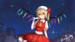  1girl :p absurdres artist_name ascot blonde_hair bow breasts building collared_shirt commentary flandre_scarlet frilled_skirt frilled_wrist_cuffs frills hair_between_eyes hat hat_bow highres jsnttzzj layered_skirt mob_cap night puffy_short_sleeves puffy_sleeves red_bow red_eyes red_skirt red_vest shirt short_hair short_sleeves side_ponytail skirt solo star_(sky) tongue tongue_out touhou vest white_hat white_shirt white_wrist_cuffs wrist_cuffs yellow_ascot 