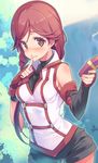  blush box braid breasts brown_eyes brown_hair day detached_sleeves finger_to_mouth fingerless_gloves gloves hai_to_gensou_no_grimgar heart-shaped_box long_hair medium_breasts outdoors short_shorts shorts shushing sideboob single_braid sketch smile solo standing tam-u valentine yume_(grimgar) 