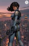  1girl absolute_batman absolute_dc armor arms_at_sides ass assault_rifle black_gloves black_hair blue_bodysuit bodysuit breasts catsuit catwoman_(absolute_dc) city city_lights cityscape cloud cloudy_sky commentary cowboy_shot curly_hair dc_comics english_commentary eyelashes fingerless_gloves floating_hair freckles from_behind gloves green_eyes gun highres holding holding_weapon ivan_talavera legs_apart looking_at_viewer looking_back mechanical_tail medium_breasts medium_hair multicolored_suit on_rooftop outdoors parted_lips rifle selina_kyle shoulder_armor signature sky solo standing tail twilight weapon western_comics_(style) wind 