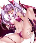  1girl ass bare_legs bare_shoulders bat_wings bikini breasts bridal_gauntlets demon_girl fangs female kagami_hirotaka legs lilim_(taimanin_asagi_battle_arena) lilith-soft long_hair looking_at_viewer naughty_face open_mouth partially_visible_vulva pussy_juice saliva shiny_skin simple_background smile solo succubus sweat swimsuit tail taimanin_asagi taimanin_asagi_battle_arena thong twintails wings 