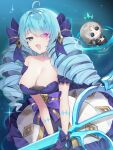  1girl absurdres ahoge arm_tattoo bare_shoulders blue_background blue_eyes blue_hair blush bow breasts character_doll cleavage collarbone commentary detached_sleeves doll dress drill_hair fang frilled_dress frills glove_bow gloves glowing glowing_tattoo gwen_(league_of_legends) hair_bow heterochromia highres holding holding_scissors large_breasts league_of_legends long_hair looking_at_viewer low_neckline mismatched_pupils neck_tattoo open_mouth oversized_object pelicana puffy_sleeves purple_bow purple_dress purple_gloves raised_inner_eyebrows scissors short_sleeves sidelocks simple_background skin_fang smile symbol-shaped_pupils tattoo twin_drills two-tone_dress untranslatable_commentary viego_(league_of_legends) white_dress x-shaped_pupils 