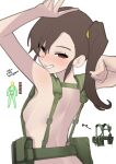  1girl absurdres arm_up arrow_(symbol) breasts brown_eyes brown_hair from_behind futami_mami grin half-closed_eyes highres idolmaster idolmaster_(classic) korean_text load_bearing_vest looking_at_viewer looking_back p-head_producer producer_(idolmaster) short_hair side_ponytail sideboob simple_background smile soayo solo translation_request upper_body white_background 