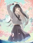  1girl :d absurdres arm_at_side arm_up black_hair black_neckerchief black_sailor_collar black_skirt branch cherry_blossoms chromatic_aberration commentary_request falling_petals grey_eyes grey_shirt highres holding holding_branch long_hair long_sleeves looking_at_viewer mole mole_under_eye neckerchief open_mouth original outdoors petals pink_petals pleated_skirt sailor_collar school_uniform serafuku shirt skirt smile solo standing tsubame-shi_(tubame) very_long_hair wading water 