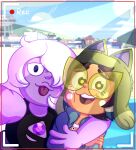  2021 absurd_res amethyst_(gem_species) amethyst_(steven_universe) basilisk_(the_owl_house) blue_clothing blue_hoodie blue_topwear bra_strap brown_hair cartoon_network cat_hat clothing crossover disguise disney duo eyewear female feral freckled_face freckles gem_(species) glasses hair hair_over_eye hi_res hoodie human humanoid mammal purple_body purple_skin quartz_(gem_species) spacepancakes steven_universe tan_body tan_skin the_owl_house tongue tongue_out topwear vee_(the_owl_house) voice_actor_joke white_hair yellow_eyewear yellow_glasses 