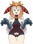  1girl ancient_egyptian_hat andrewcockroach artist_logo blunt_bangs blush_stickers bodysuit breasts clothing_cutout collar cutout_below_navel earrings eye_symbol golem grey_eyes headdress highres jewelry logo long_hair medium_breasts monster_girl original outstretched_arms pubic_hair pubic_hair_peek shoulder_tattoo sideboob sleeveless sleeveless_bodysuit tattoo tongue tongue_out white_background white_hair white_pubic_hair zombie_pose 
