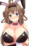  ahoge animal_ears blush bow bowtie breast_hold breasts brown_hair bunny_ears bunnysuit cleavage detached_collar double_bun fake_animal_ears hair_rings kantai_collection kongou_(kantai_collection) large_breasts leotard long_hair looking_at_viewer purple_eyes shigure_ryuunosuke solo upper_body white_background wrist_cuffs 