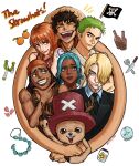  2girls 5boys antlers bandana bare_shoulders black_hair black_jacket black_necktie blonde_hair blue_eyes blue_hair blue_nose bottle brown_overalls cigarette colereeyn compass dark-skinned_female dark-skinned_male dark_skin devil_fruit_power elasticity english_commentary english_text extendable_limbs flag food fork fruit green_hair grin hat highres horns jacket jolly_roger knife log_pose long_hair mandarin_orange monkey_d._luffy multiple_boys multiple_girls nami_(one_piece) necktie nefertari_vivi notice_lines one_piece one_piece_(live_action) open_mouth orange_bandana orange_hair overalls parted_lips petals pink_hat pink_petals pink_shirt reindeer_antlers reindeer_boy roronoa_zoro sanji_(one_piece) shirt short_hair shoulder_tattoo slingshot_(weapon) smile sparkle straw_hat straw_hat_pirates straw_hats_jolly_roger tattoo tony_tony_chopper twitter_username upper_body usopp white_shirt 