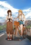  1girl 1other absurdres ahoge androgynous artist_request bicycle bird black_bow blonde_hair blue_shoes blue_shorts bow brown_eyes brown_hair brown_pants building camera camera_around_neck casual character_request chinese_commentary cloud commentary_request contemporary day hair_between_eyes hair_bow highres kirisame_marisa long_hair missing_headwear open_mouth pants red-framed_eyewear red_shoes riding road second-party_source shirt shoes short_hair short_sleeves shorts socks standing suspender_shorts suspenders touhou white_shirt white_socks wristband yellow_eyes 
