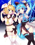  absurdly_long_hair arm_up bad_id bad_pixiv_id blonde_hair blue_eyes blue_hair hair_ornament hair_ribbon hairclip hatsune_miku highres kagamine_rin long_hair lowleg lowleg_panties motsuni_(lxxe1120) multiple_girls navel no_pants open_mouth panties ribbon sailor_collar short_hair skindentation smile thigh_gap thighhighs twintails underwear very_long_hair vocaloid 