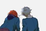  2boys blue_hoodie blue_jacket brown_pants collared_shirt commentary_request earphones ensemble_stars! from_behind grey_hair highres hood hoodie jacket multiple_boys orange_hair pants ponytail school_uniform sena_izumi_(ensemble_stars!) shared_earphones shirt short_hair side_ponytail tsukinaga_leo white_background white_shirt yumenosaki_school_uniform yumu1059 