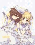  2girls alternate_costume ascot blonde_hair blush_stickers bow brown_eyes brown_hair checkered_background chinese_commentary closed_mouth commentary commentary_request elbow_gloves frilled_skirt frills gloves hair_bow hat hat_bow highres holding holding_microphone idol_clothes kuroha_shinmi looking_at_viewer maribel_hearn medium_hair microphone mob_cap multiple_girls puffy_short_sleeves puffy_sleeves purple_ascot purple_bow purple_eyes second-party_source shirt short_sleeves skirt sleeveless sleeveless_shirt smile touhou usami_renko white_gloves white_hat white_shirt white_skirt 