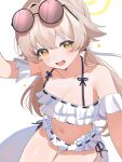  1girl absurdres bare_shoulders bikini blue_archive blush breasts cleavage collarbone eyewear_on_head frilled_bikini frills halo hifumi_(blue_archive) hifumi_(swimsuit)_(blue_archive) highres long_hair looking_at_viewer low_twintails navel official_alternate_costume open_mouth ribbon_trim round_eyewear shusuchii side-tie_bikini_bottom simple_background sitting smile solo sunglasses sweat swimsuit teeth twintails white_background white_bikini yellow_eyes yellow_halo 