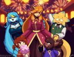  4_fingers 5_fingers anthro asian_clothing avian beak bell bell_collar big_breasts bird blue_body blue_feathers blue_fur blue_hair blush bottomwear breasts brown_body brown_fur brown_hair candy canid canine ceroba_ketsukane claws cleavage clothed clothing clover_(undertale_yellow) collar cowboy_hat curvy_figure dessert digital_media_(artwork) east_asian_clothing eating eyes_closed fangs feathered_wings feathers female fingers fireworks food fox fur group hair hand_on_shoulder hands_behind_back hat headgear headwear huge_breasts human humanoid japanese_clothing jewelry kanako_ketsukane kimono lamp lantern long_hair lyorenth-the-dragon male male/female mammal martlet_(undertale_yellow) monster multicolored_hair necklace one_eye_closed open_mouth orange_hair outside pants ponytail purple_eyes shirt smile snout standing star starlo_(undertale_yellow) tail teeth tongue topwear undertale undertale_(series) undertale_yellow white_eyes wings yellow_beak yellow_body 