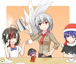  :d ;) adapted_costume black_hair blue_eyes blue_hair bowl bowl_hat coffee coffee_maker_(object) cup doremy_sweet food hat horns kijin_seija kishin_sagume mega_yukke minigirl multicolored_hair multiple_girls one_eye_closed open_mouth pancake plate pouring purple_hair red_eyes red_hair sandwich short_hair silver_hair single_wing smile streaked_hair sukuna_shinmyoumaru teacup touhou white_hair wings 