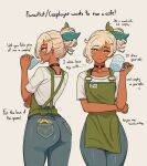 1girl absurdres apron ass bite_mark bite_mark_on_neck black_choker blonde_hair blush choker commentary cowboy_shot cup dark-skinned_female dark_skin denim dot_nose english_commentary english_text flower ginotty green_apron hair_bun hair_ornament hairclip heart highres holding holding_cup id_card jeans leaf looking_at_viewer mira_(ginotty) multiple_views pants shirt short_hair simple_background smile standing star-shaped_pupils star_(symbol) sunflower symbol-shaped_pupils t-shirt white_background 