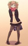  arms_behind_back bag brown_eyes brown_hair cardigan drill_hair e20 glasses jacket kikuhara_komugi legs loafers looking_at_viewer original pantyhose scarf school_bag school_uniform shoes smile solo twin_drills twintails 