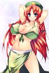  armpits arms_up bad_id bad_pixiv_id bikini_top blue_eyes braid breasts front-tie_top hat highres hong_meiling kagetsu_kei large_breasts long_hair red_hair solo touhou twin_braids 