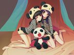  bangs barefoot black_hair blunt_bangs blush_stickers brown_eyes hat hat_with_ears legs long_hair multiple_girls one_eye_closed original panda purple_hair red_eyes shorts socks striped stuffed_animal stuffed_panda stuffed_toy yu_li 