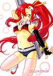  belt bikini_top breasts cleavage fingerless_gloves gloves gun jino large_breasts long_hair orange_eyes ponytail red_hair sample scarf shorts solo studded_belt studded_bracelet tengen_toppa_gurren_lagann thighhighs traditional_media weapon yoko_littner 