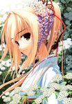  absurdres bad_id bad_pixiv_id cherry_blossoms copyright_request flower from_side hair_flower hair_intakes hair_ornament highres japanese_clothes light_smile looking_at_viewer murohime_oruko ponytail profile solo spirea upper_body wind wisteria yellow_eyes 